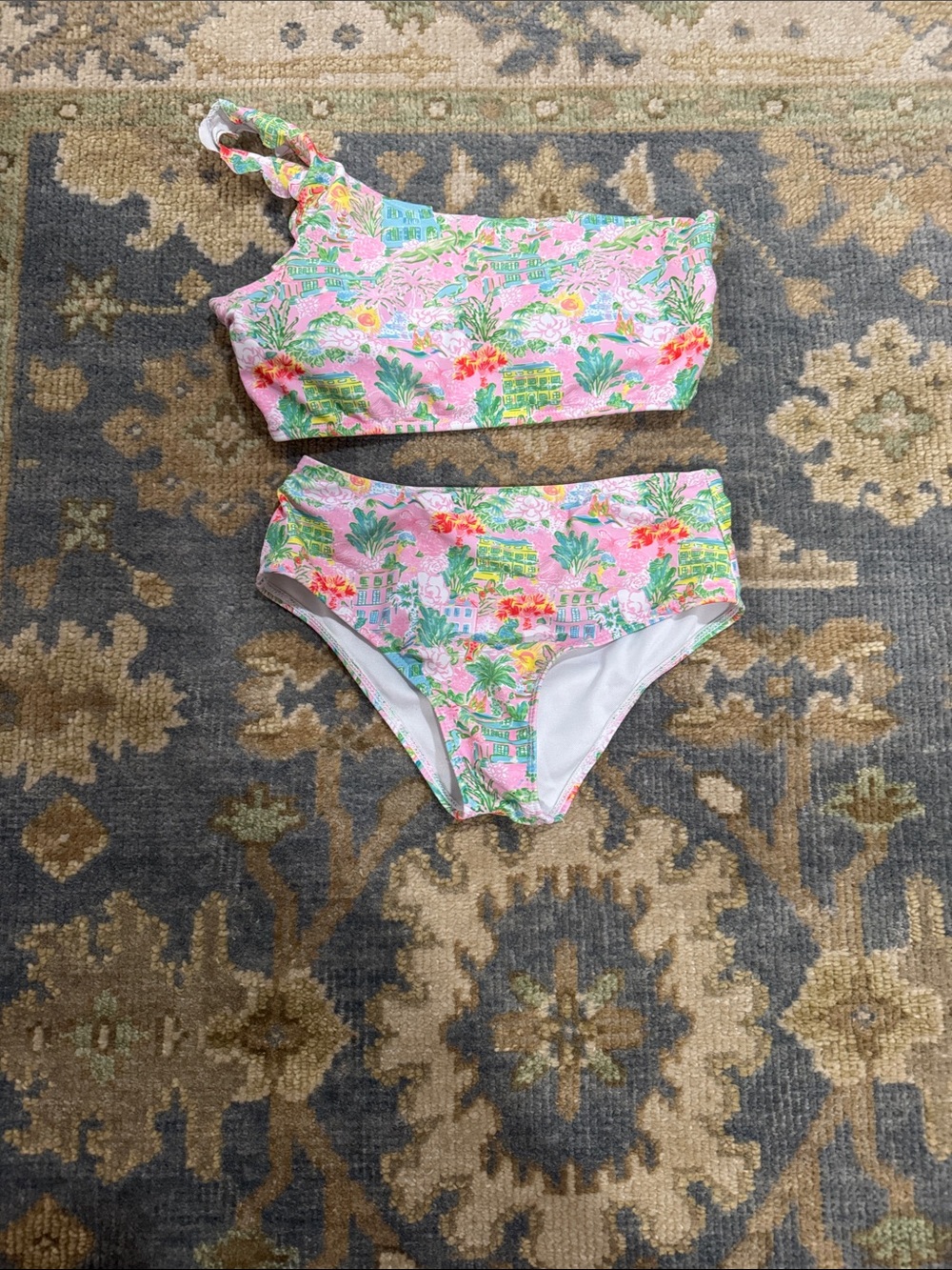 Girls Pink Floral Two-Piece Swim Set with ruffles
